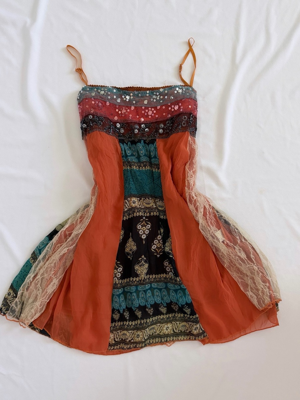 Vintage Boho Orange & Turquoise Lace Long
Cami Top